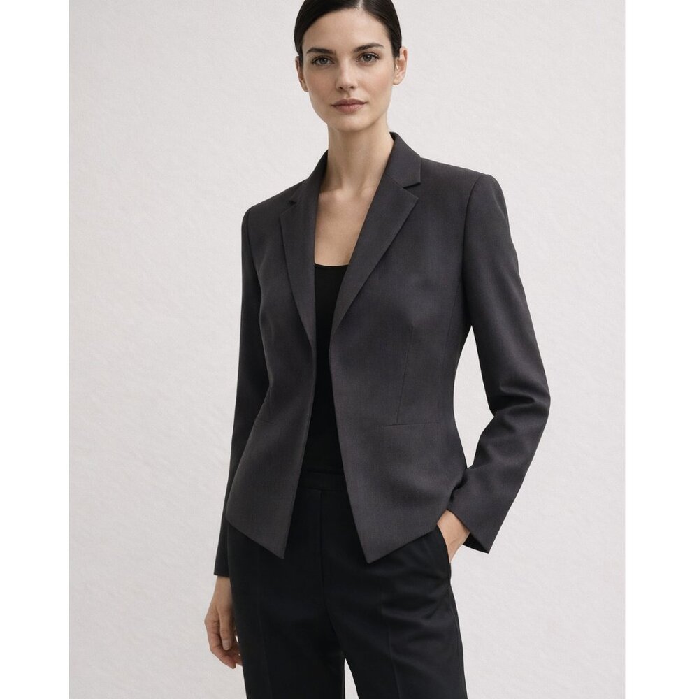 AKRIS 100% Wool Blazer Dark Gray Snap Button Jacket size 10 Career Minimalist